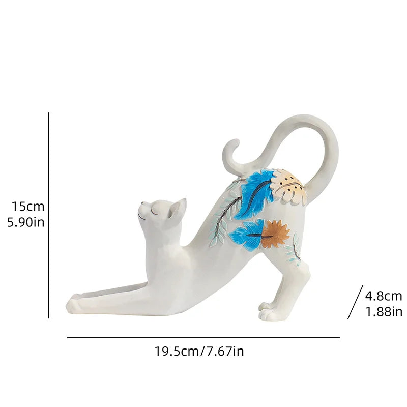 White Stretching Cat Painted Resin Ornament - Elegant Botanical Pattern Cat Figurine for Bookshelf, Desk & Aesthetic Home Decor