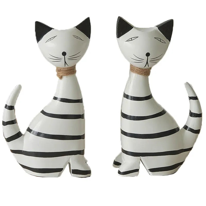 Nordic Striped Kitten Couple Ornaments - Modern Minimalist Wooden-Style Cat Statues & Creative Desktop Animal Figurines Pair