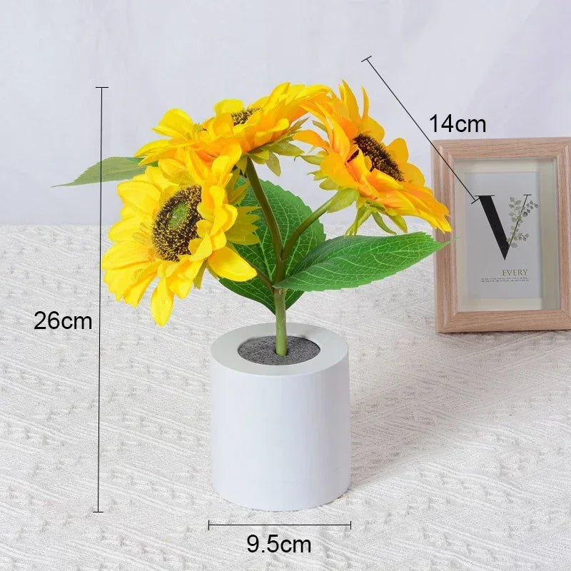Sunflower LED Night Light - Artificial Silk Floral Pot Lamp with USB Charging