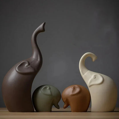Nordic Matte Ceramic Elephant Family Figurines - Modern Animal Sculptures Set (3 or 4 Pieces) for Bookshelf Living Room Decor