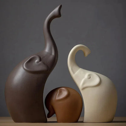 Nordic Matte Ceramic Elephant Family Figurines - Modern Animal Sculptures Set (3 or 4 Pieces) for Bookshelf Living Room Decor