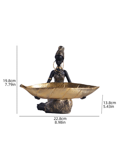 Vintage African Lady Sculpture with Storage Tray - Exotic Resin Figurine & Jewellery Organiser