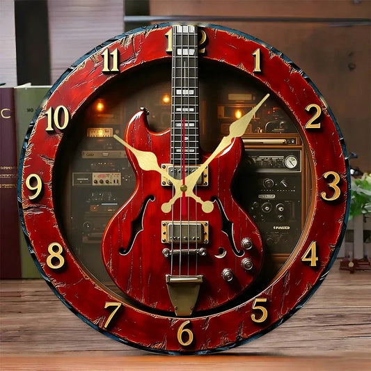Vintage Guitar Wooden Wall Clock - Creative 2D Flat Silent Hanging Clock for Music Room & Home Decor