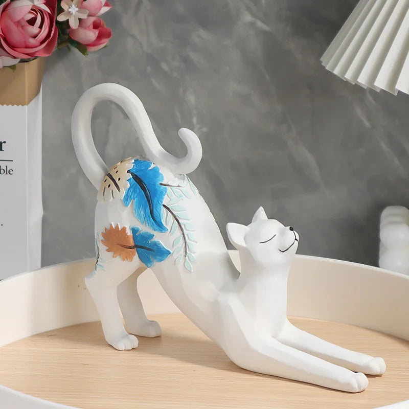 White Stretching Cat Painted Resin Ornament - Elegant Botanical Pattern Cat Figurine for Bookshelf, Desk & Aesthetic Home Decor