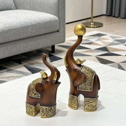 Golden Trunk Elephant Sculpture - Wood Grain Resin Decor