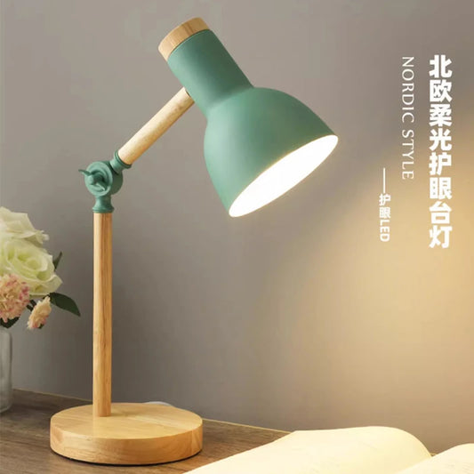 Creative Nordic Table Lamp - Wooden Art LED Desk Light with Adjustable Head for Study & Bedroom