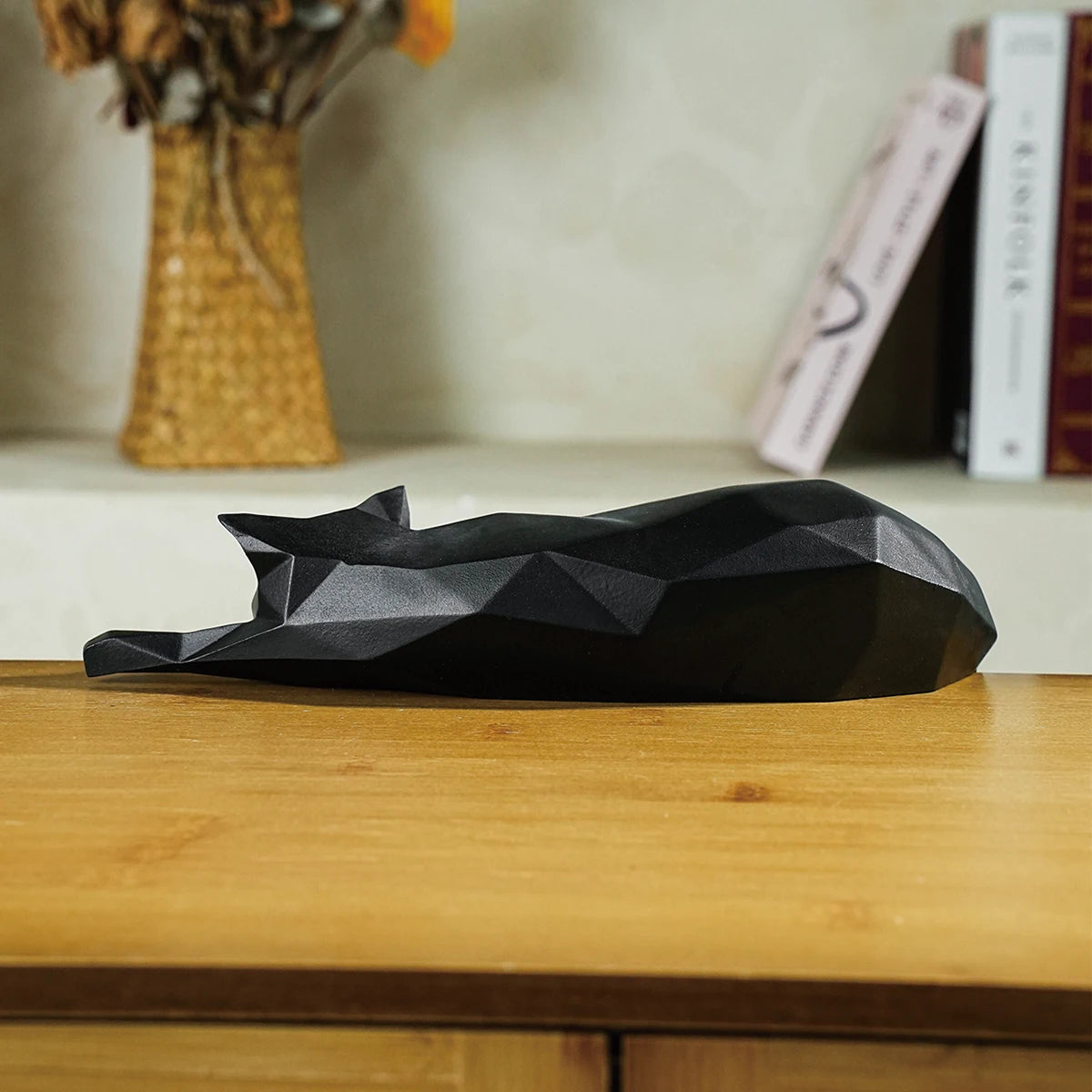 Geometric Lying Cat Sculpture - Modern Polygonal Resin Figurine for Desk & Shelf Decor