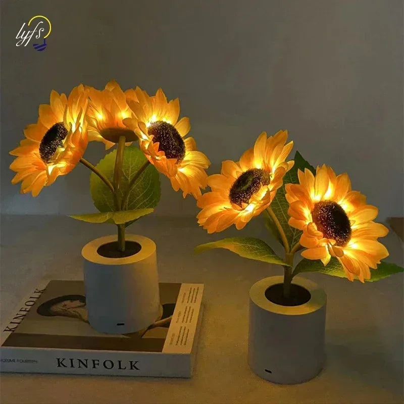 Sunflower LED Night Light - Artificial Silk Floral Pot Lamp with USB Charging