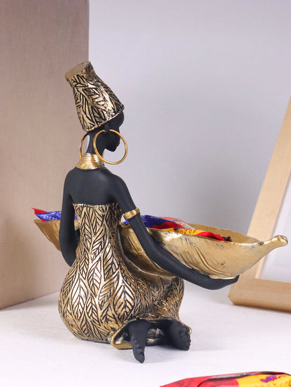 Vintage African Lady Sculpture with Storage Tray - Exotic Resin Figurine & Jewellery Organiser