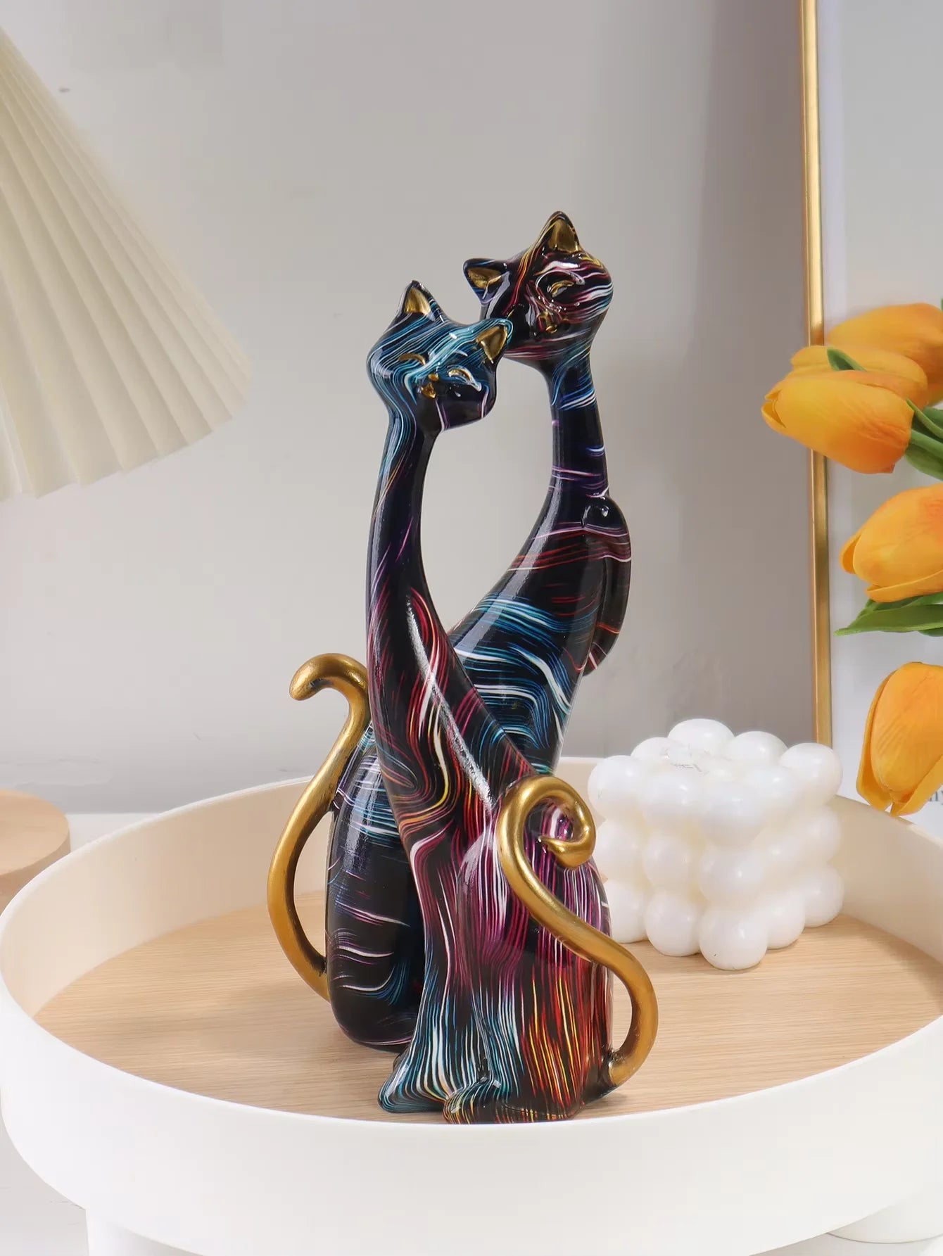 Artistic Watercolor Cat Couple Statues - Modern Resin Cat Figurine Set with Gold Details