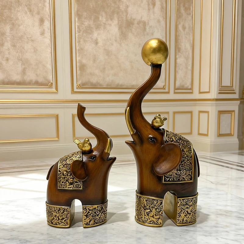 Golden Trunk Elephant Sculpture - Wood Grain Resin Decor