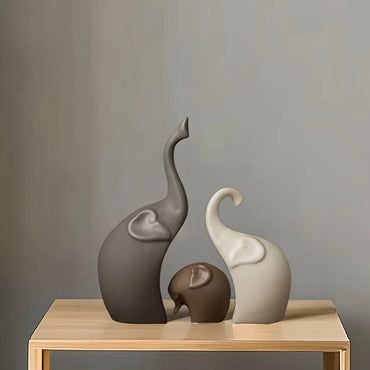 Nordic Matte Ceramic Elephant Family Figurines - Modern Animal Sculptures Set (3 or 4 Pieces) for Bookshelf Living Room Decor