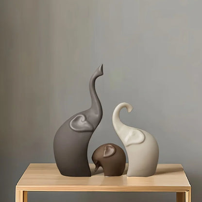 Nordic Matte Ceramic Elephant Family Figurines - Modern Animal Sculptures Set (3 or 4 Pieces) for Bookshelf Living Room Decor