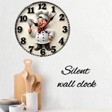 Happy Chef Kitchen Wall Clock - Silent Round Wooden Hanging Clock for Home & Dining Decor