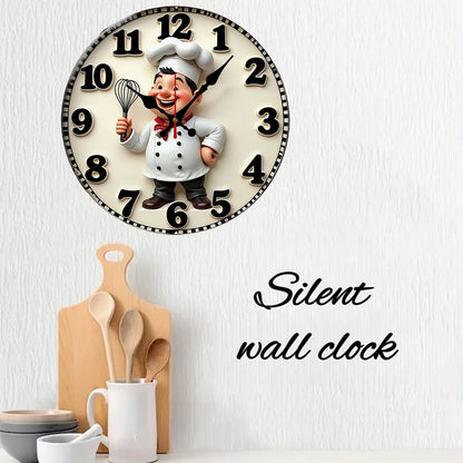 Happy Chef Kitchen Wall Clock - Silent Round Wooden Hanging Clock for Home & Dining Decor