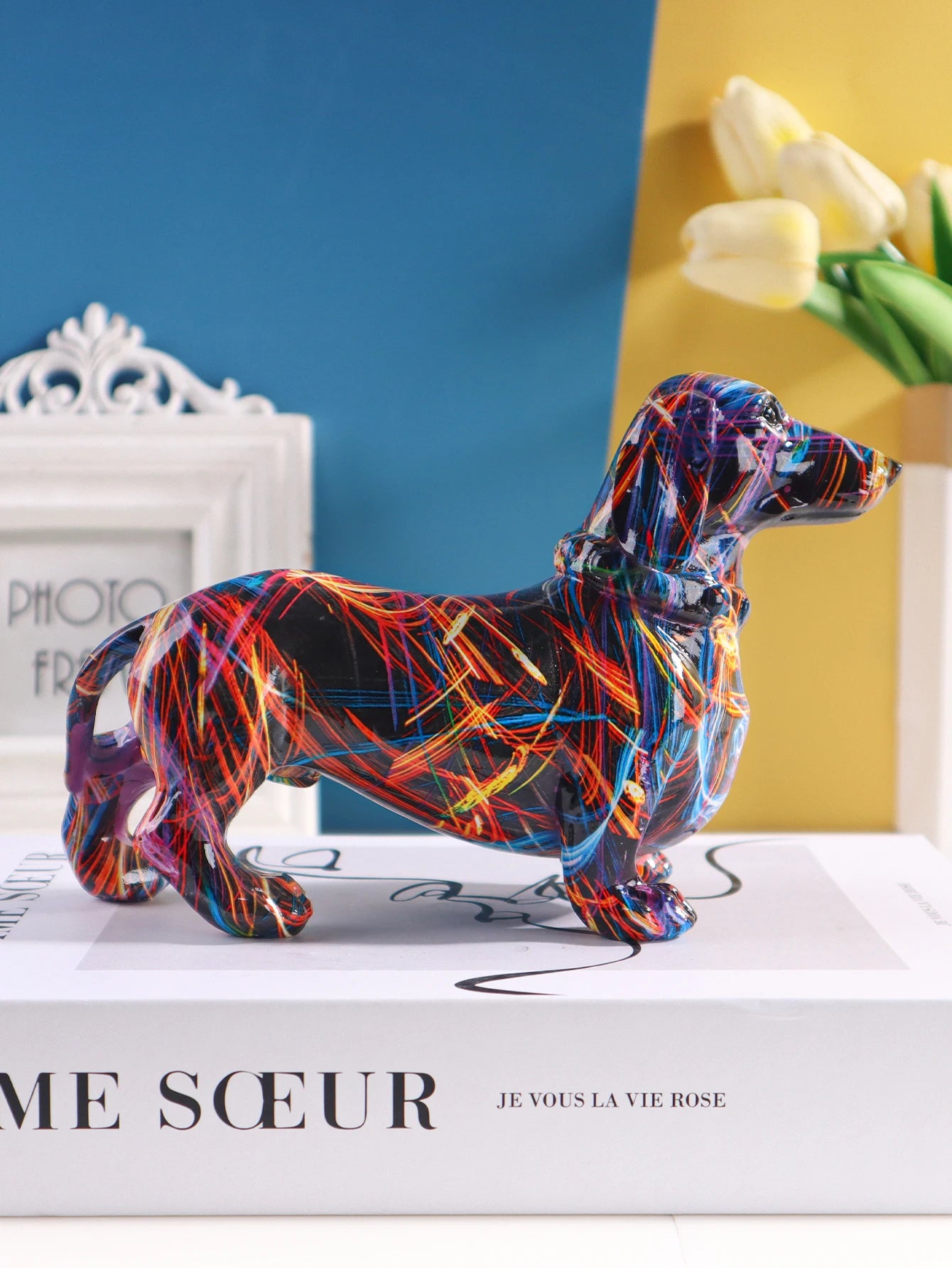 Artistic Graffiti Dachshund Sculpture - Vibrant Abstract Resin Sausage Dog Figurine for Home Decor