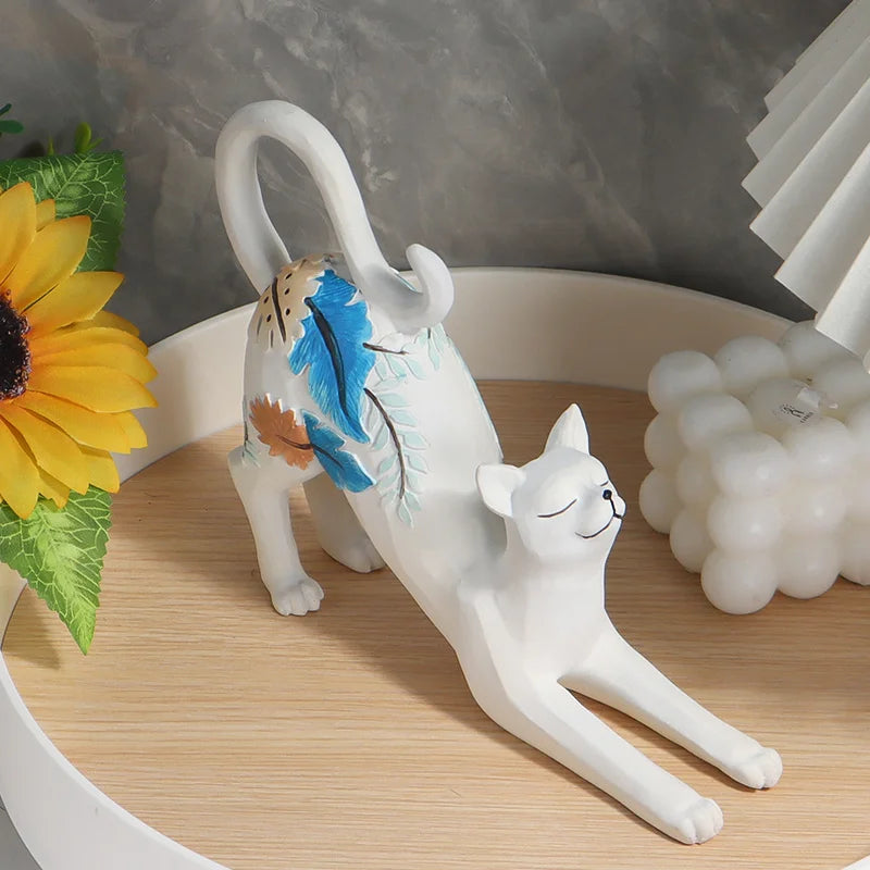 White Stretching Cat Painted Resin Ornament - Elegant Botanical Pattern Cat Figurine for Bookshelf, Desk & Aesthetic Home Decor