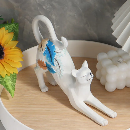 White Stretching Cat Painted Resin Ornament - Elegant Botanical Pattern Cat Figurine for Bookshelf, Desk & Aesthetic Home Decor