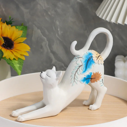 White Stretching Cat Painted Resin Ornament - Elegant Botanical Pattern Cat Figurine for Bookshelf, Desk & Aesthetic Home Decor