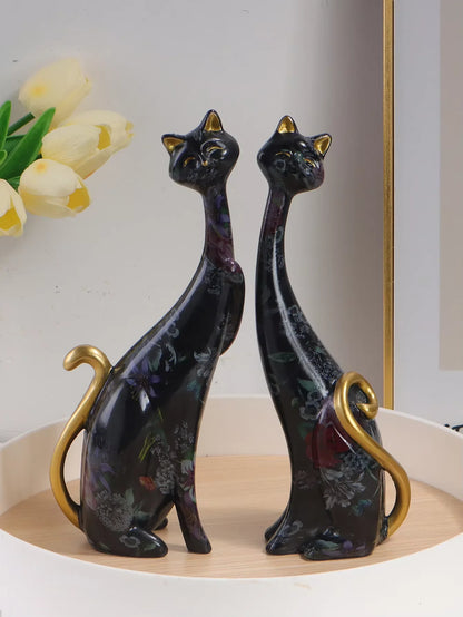 Artistic Watercolor Cat Couple Statues - Modern Resin Cat Figurine Set with Gold Details