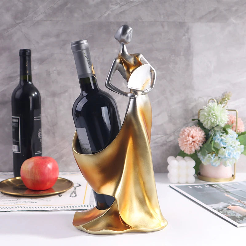 Lady in Gold Wine Holder - Elegant European Resin Sculpture
