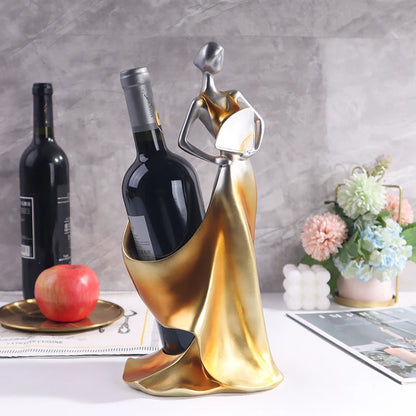 Lady in Gold Wine Holder - Elegant European Resin Sculpture