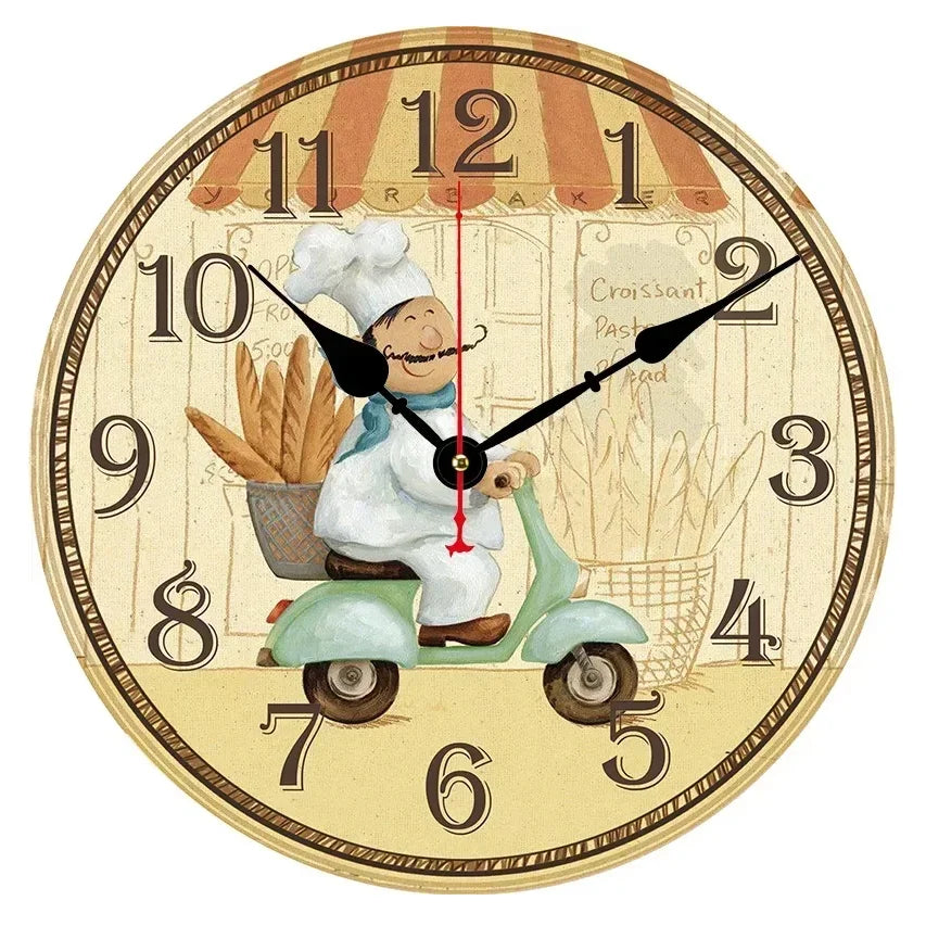 Happy Chef Kitchen Wall Clock - Silent Round Wooden Hanging Clock for Home & Dining Decor