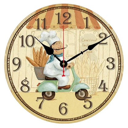 Happy Chef Kitchen Wall Clock - Silent Round Wooden Hanging Clock for Home & Dining Decor
