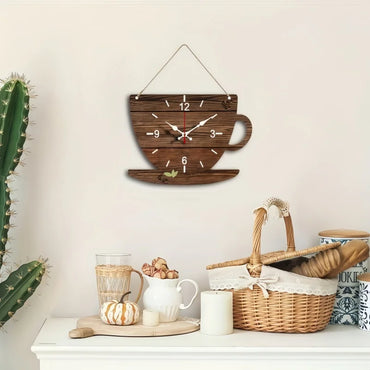Coffee Cup Shaped Wooden Wall Clock - Silent Hanging Wood Grain Clock for Kitchen & Coffee Bar Decor
