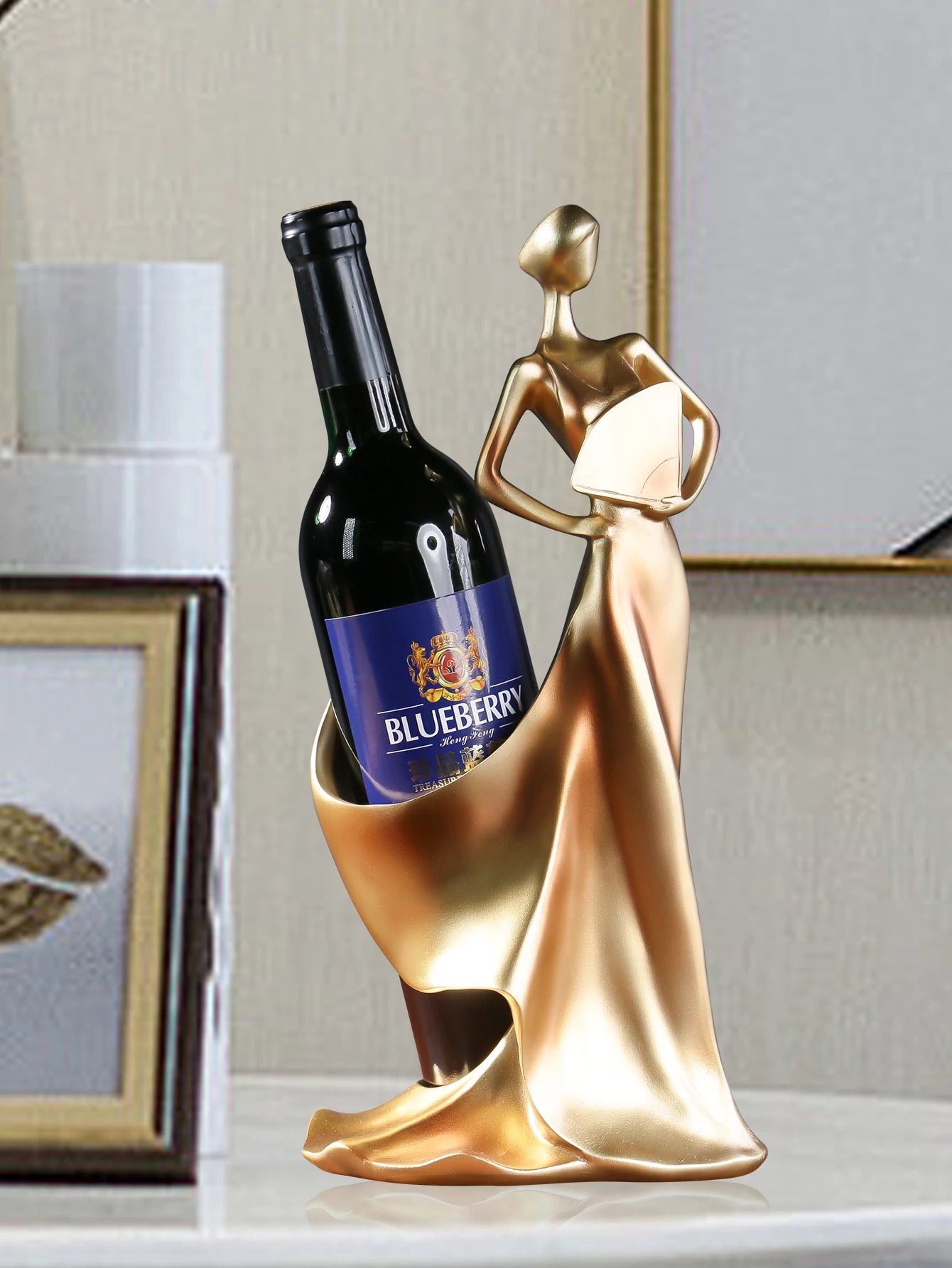Lady in Gold Wine Holder - Elegant European Resin Sculpture