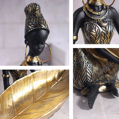 Vintage African Lady Sculpture with Storage Tray - Exotic Resin Figurine & Jewellery Organiser