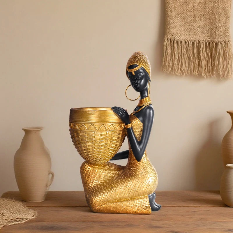 Vintage African Lady Sculpture with Storage Tray - Exotic Resin Figurine & Jewellery Organiser