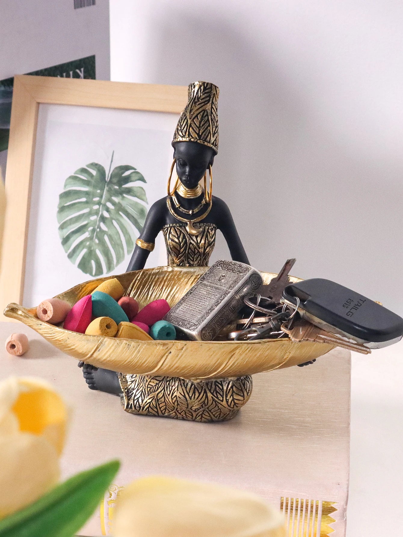 Vintage African Lady Sculpture with Storage Tray - Exotic Resin Figurine & Jewellery Organiser