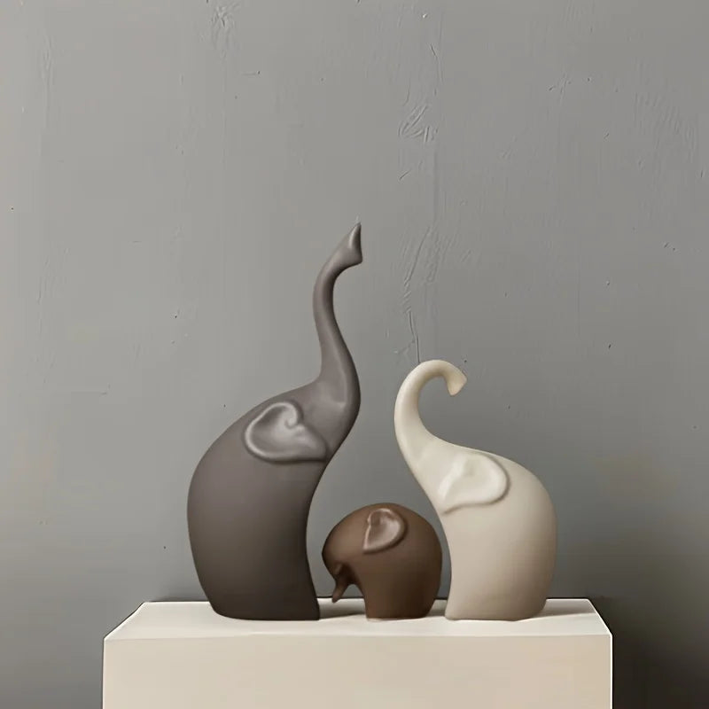 Nordic Matte Ceramic Elephant Family Figurines - Modern Animal Sculptures Set (3 or 4 Pieces) for Bookshelf Living Room Decor