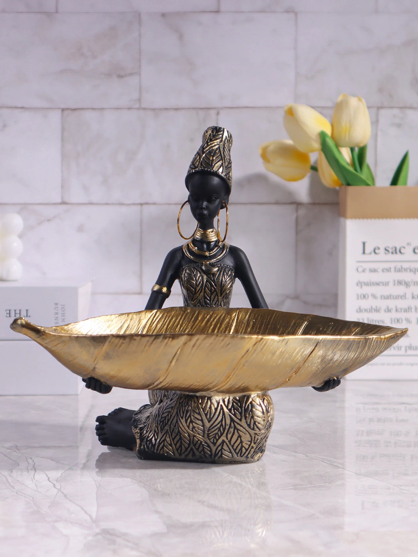 Vintage African Lady Sculpture with Storage Tray - Exotic Resin Figurine & Jewellery Organiser