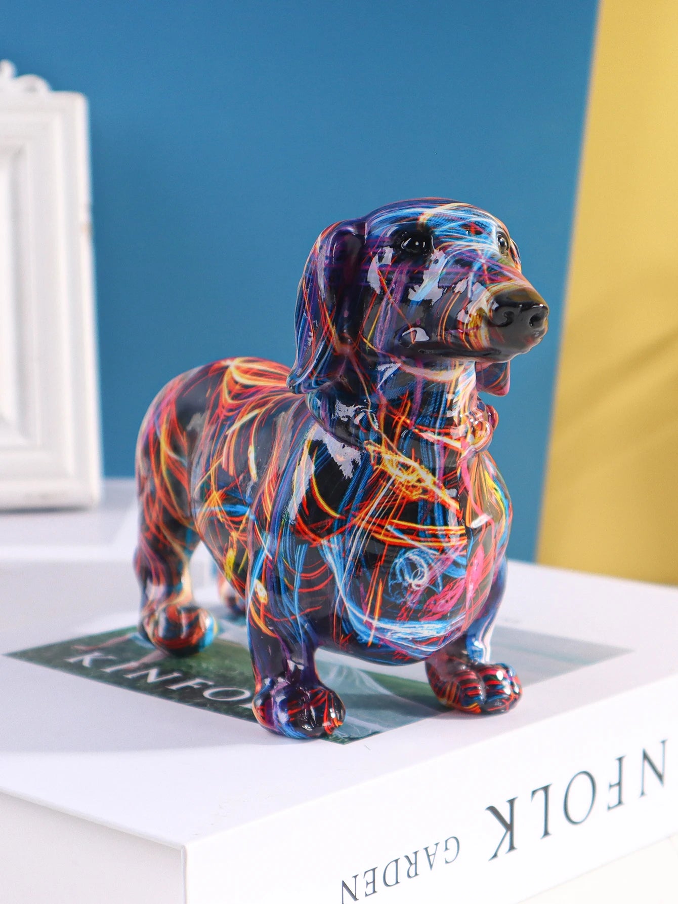 Artistic Graffiti Dachshund Sculpture - Vibrant Abstract Resin Sausage Dog Figurine for Home Decor