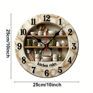 Kitchen Rules Wooden Wall Clock - 2D Flat Shelf Design Silent Hanging Clock for Dining Decor