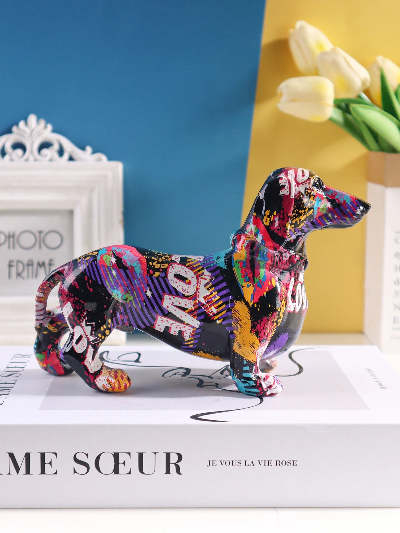 Artistic Graffiti Dachshund Sculpture - Vibrant Abstract Resin Sausage Dog Figurine for Home Decor