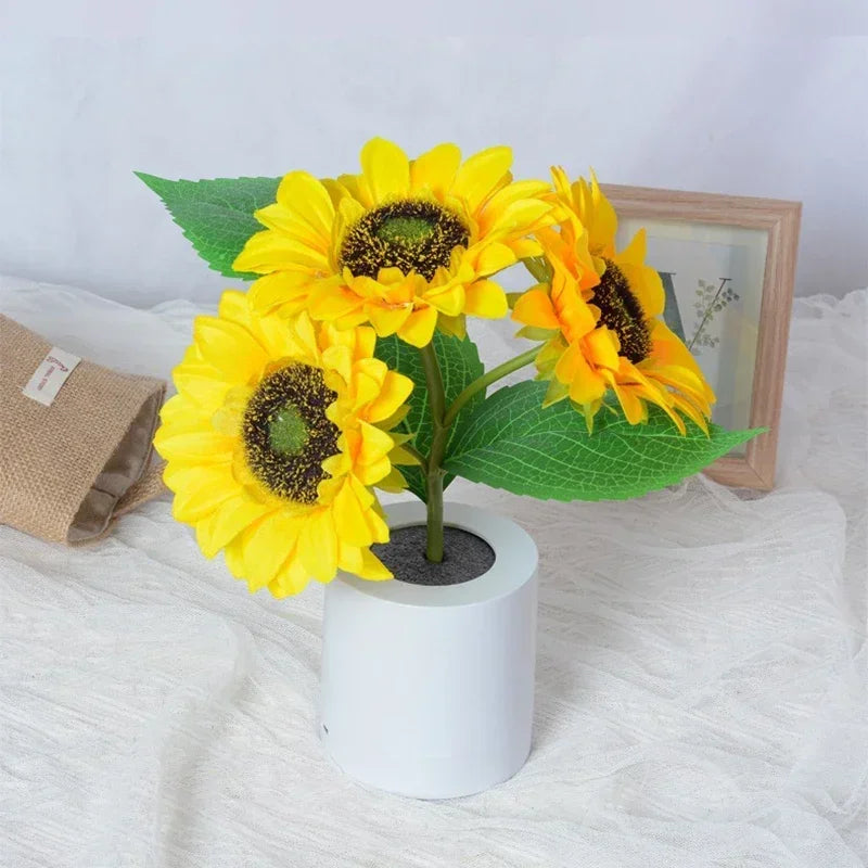 Sunflower LED Night Light - Artificial Silk Floral Pot Lamp with USB Charging