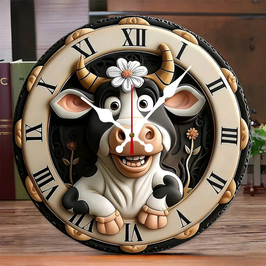 Cow Pattern Wooden Round Silent Hanging Wall Clock - 3D-Style Artistic Clock for Kitchen & Home Decor