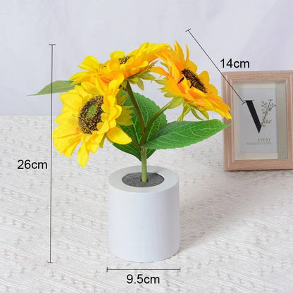 Sunflower LED Night Light - Artificial Silk Floral Pot Lamp with USB Charging