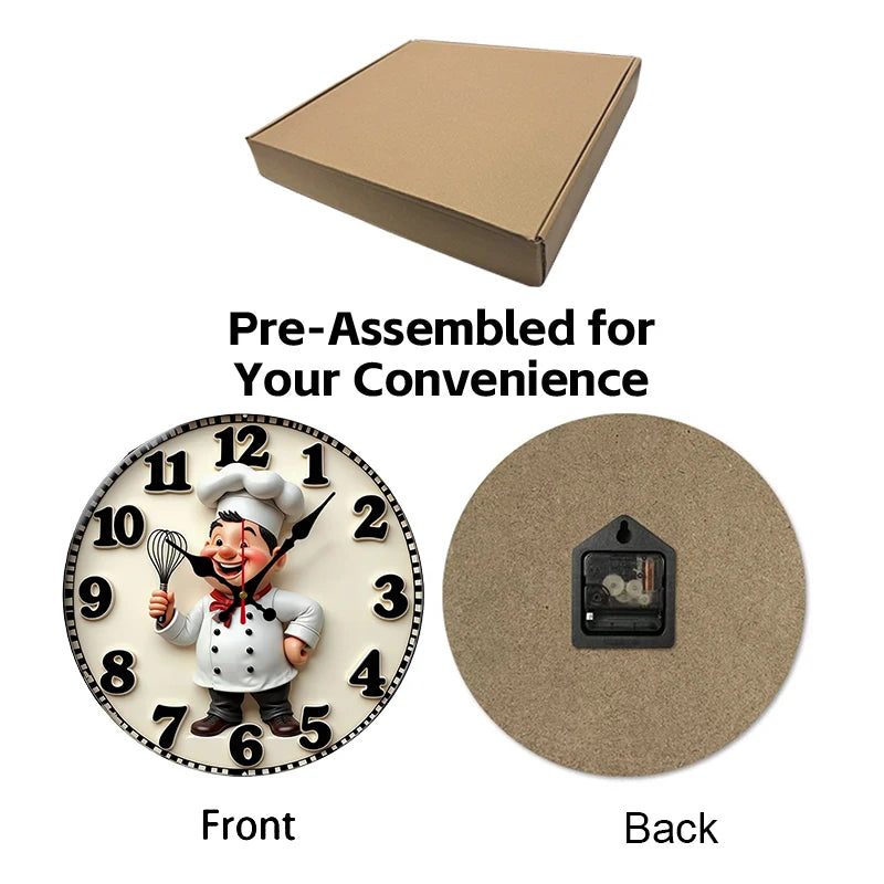 Happy Chef Kitchen Wall Clock - Silent Round Wooden Hanging Clock for Home & Dining Decor