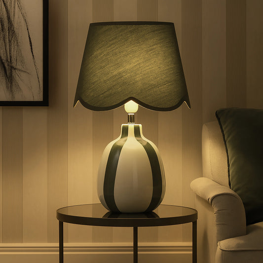 Clover Green Striped Ceramic Table Lamp - Modern Farmhouse Bedside Light with Scalloped Shade