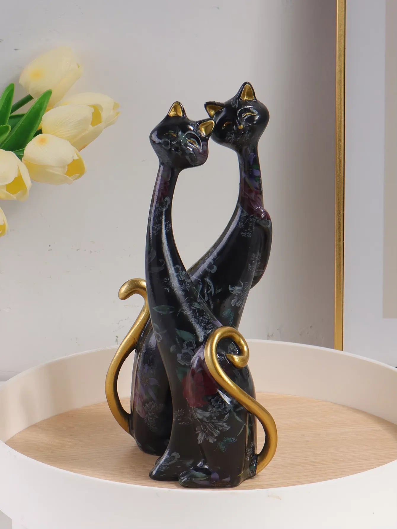 Artistic Watercolor Cat Couple Statues - Modern Resin Cat Figurine Set with Gold Details