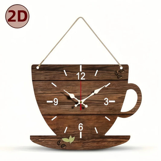 Coffee Cup Shaped Wooden Wall Clock - Silent Hanging Wood Grain Clock for Kitchen & Coffee Bar Decor