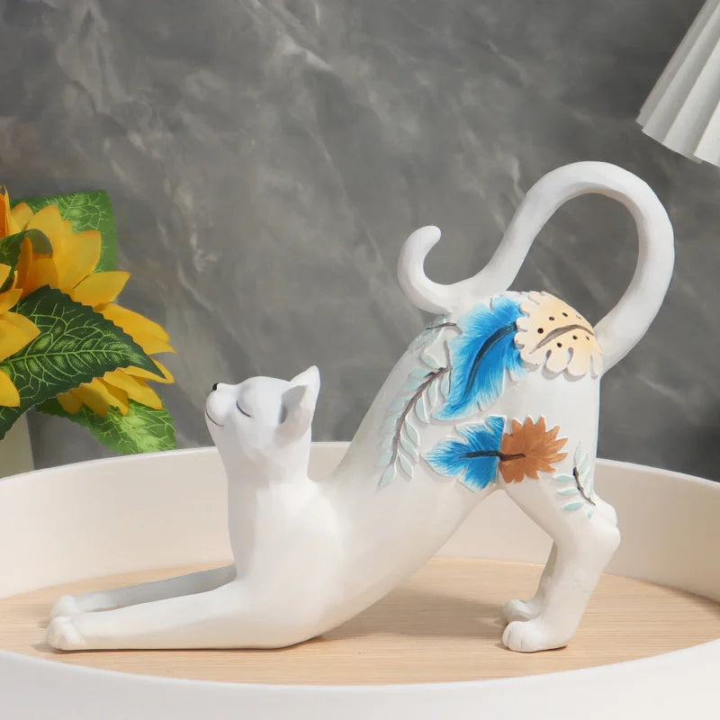 White Stretching Cat Painted Resin Ornament - Elegant Botanical Pattern Cat Figurine for Bookshelf, Desk & Aesthetic Home Decor