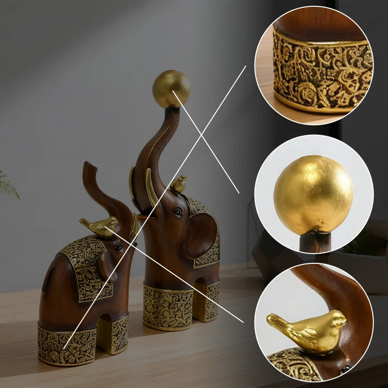 Golden Trunk Elephant Sculpture - Wood Grain Resin Decor