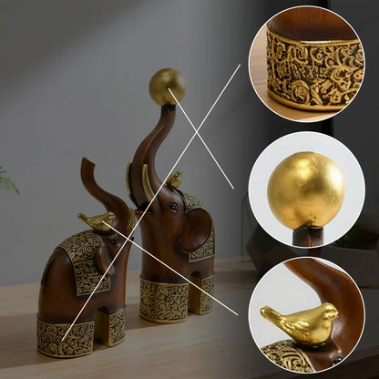 Golden Trunk Elephant Sculpture - Wood Grain Resin Decor