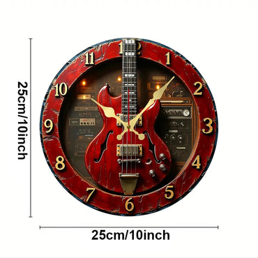 Vintage Guitar Wooden Wall Clock - Creative 2D Flat Silent Hanging Clock for Music Room & Home Decor