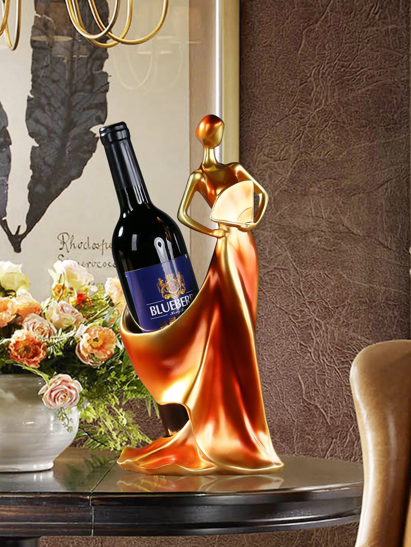 Lady in Gold Wine Holder - Elegant European Resin Sculpture